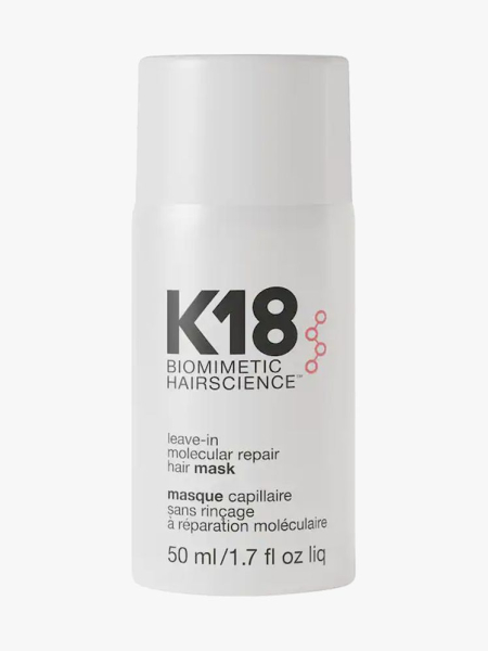 K18 Biomimetic Hairscience Leave-In Molecular Repair Hair Mask in branded component on a light gray background