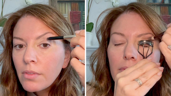 applying dark shadow to the crease to make eyes look more open