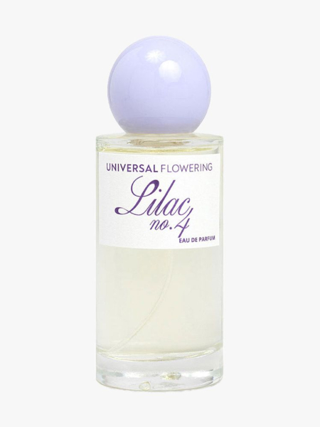 Clear bottle of Universal Flowering Lilac no.4 Eau de Parfum with lavendar purple cap on light gray background