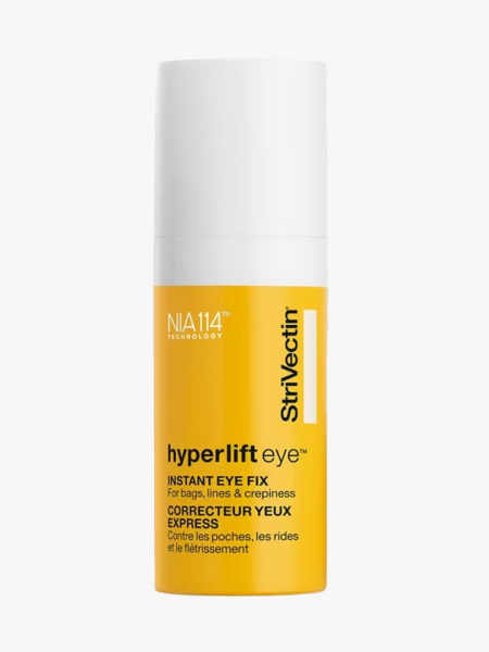 Yellow bottle of StriVectin Hyperlift Eye Instant Eye Fix with white cap on light gray background 