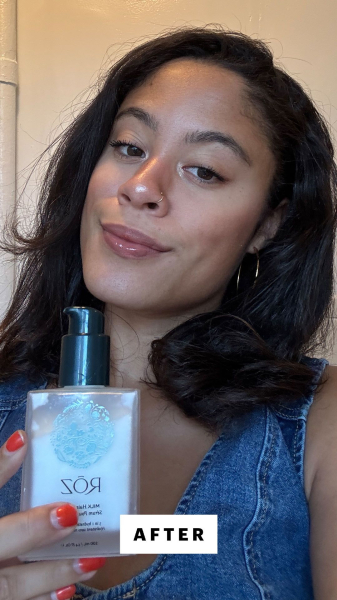 Allure commerce editorial assistant Hailey Roy after applying the Rōz Milk Hair Serum