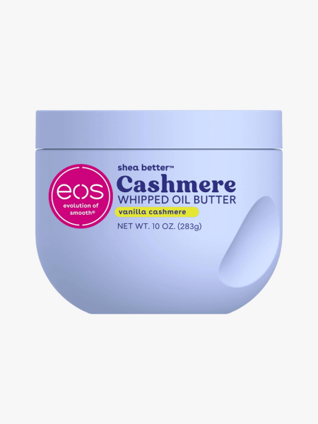 EOS Cashmere Whipped Oil Butter in branded component on a light gray background