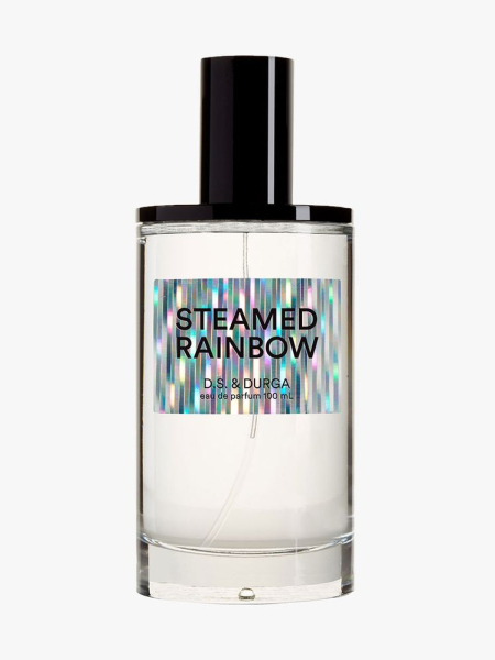 Clear bottle of D.S. & Durga Steamed Rainbow Eau de Parfum with black cap on light gray background