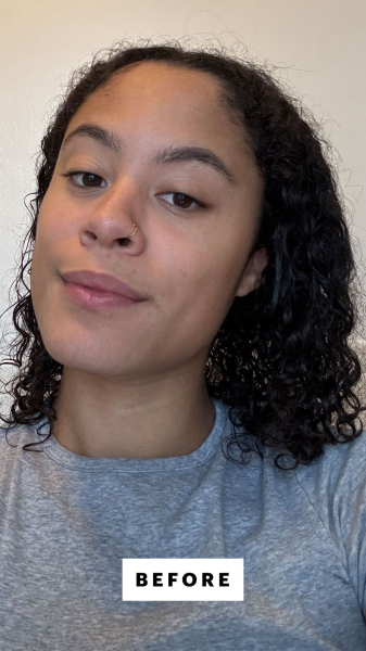 Allure commerce editorial assistant Hailey Roy applying the Rōz Milk Hair Serum